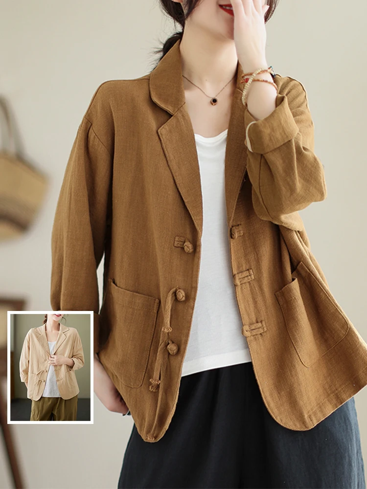 

Женский длинный хлопково-льняной костюм большого размера в стиле ретро на пуговицах, Jaet, повседневное пальто с лацканами для отдыха, осенняя модная верхняя одежда