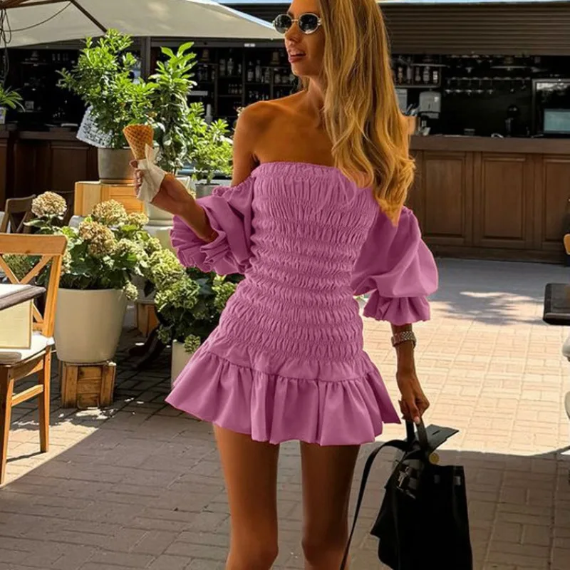 Frühling Sommer Damen Rosa Smok-Kleid mit Schulterfreiem Design, Puffärmeln, Gerüschtes Mini-Bodycon-Kleid für Gäste, Partys und Cocktails