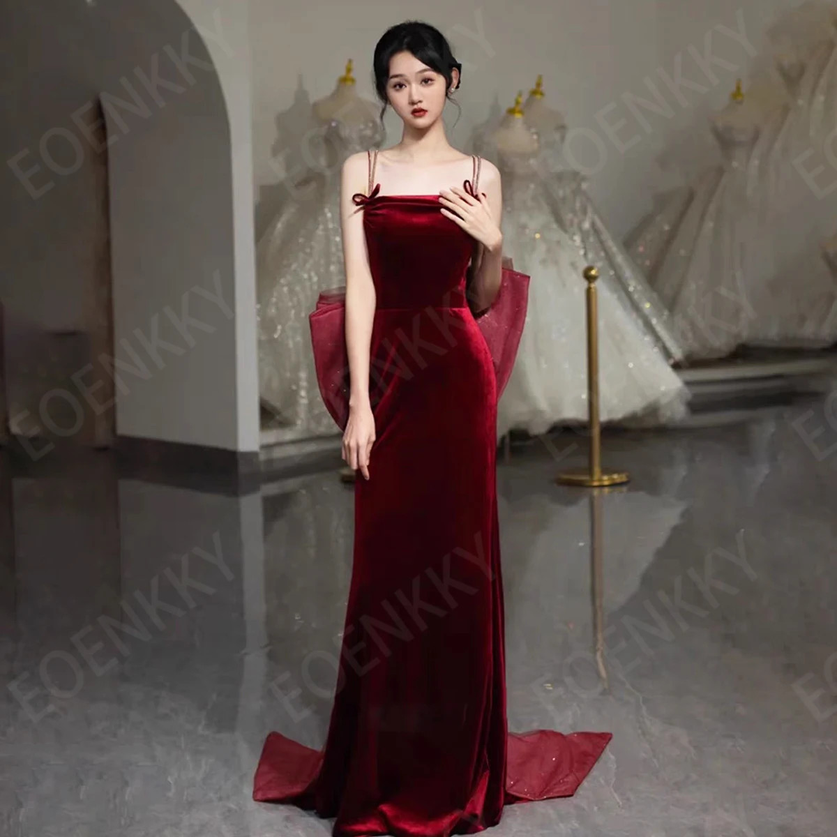 

EOENKKY Burgundy Backless Evening Dresses Velour Spaghetti Strap Mermaid Party Dress Detachable Train Customized платье вечернее