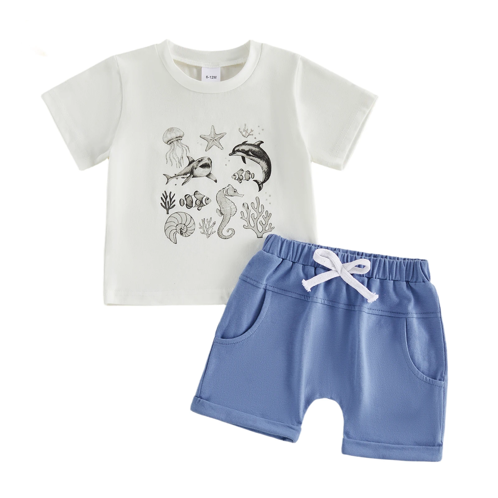 

Boys Summer Shorts Sets Short Sleeve O Neck Sea Creature Print Tops and Solid Color Shorts