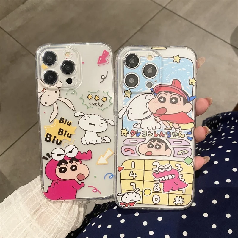 Ins lindo teclado Crayon Shin-chan claro TPU funda de teléfono para iPhone 11 12 13 14 15 16 17 Pro Max Plus dibujos animados Nohara Shiro soporte