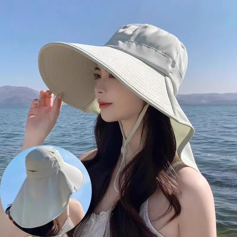 

Outdoor Sun Bucket Hat For Girls UV Anti Neck Protection Sun Visors For Lady Fishing Wide Brim Shawl Sunscreen Ponytail Cap