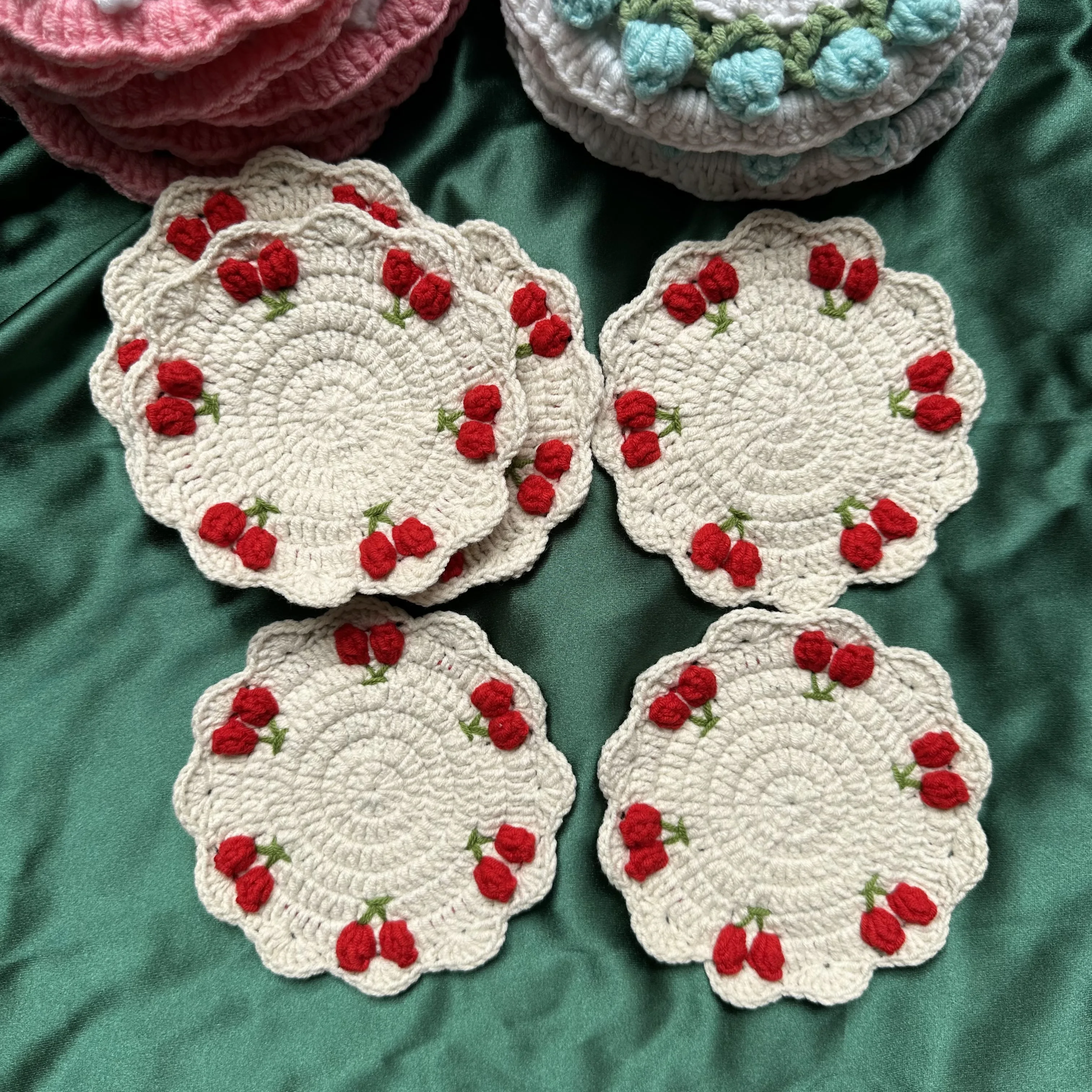 13CM Coaster Handmade Strawberry Red Cherry Wool Crochet Flower Square Piece Coaster Placemat Decoration Handmade Crochet Cup