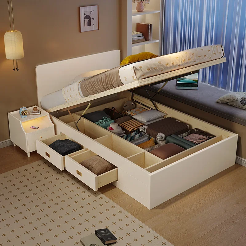 

Storage Bed Modern Simple Solid Wooden Double Queen Bed Frame Antique/Vintage/Minimalist Style Home Bedroom Apartment