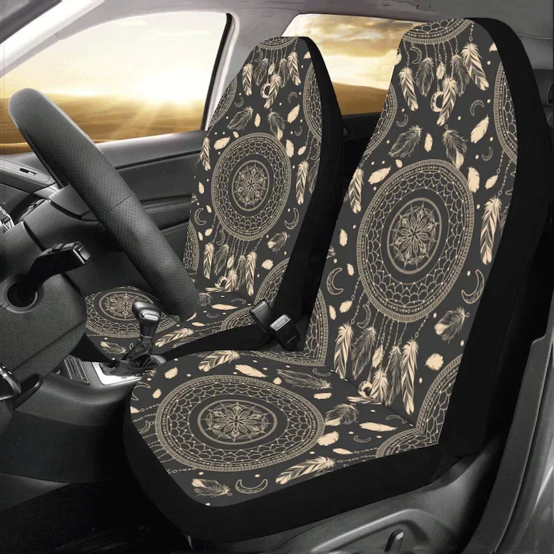 Dream Catcher Mandala Boho Car Seat Covers 2 pc Tribal Pattern Bohemian Black Art Front Seat Covers Car SUV Protector  Decor