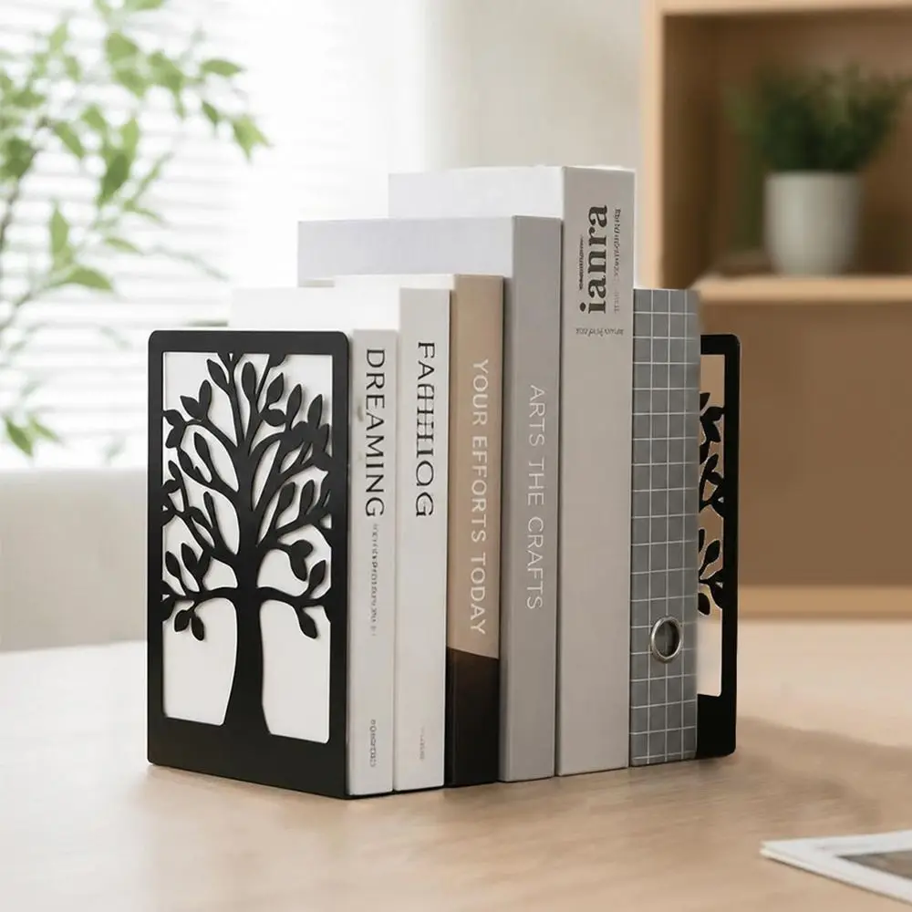 2Pcs Portable Metal Metal Bookends Hollow Tree Pattern T-Shape Book Supports Non Slip Non-slip Book Holder Gift