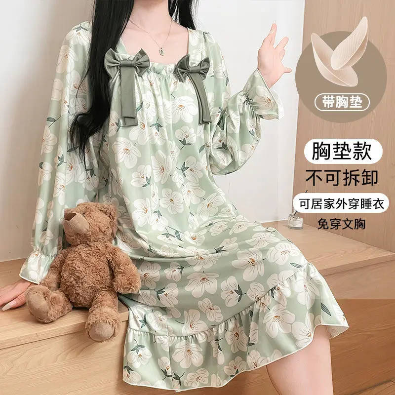 

Ночная рубашка с длинными рукавами в стиле ретро для женщин, весенне-осеннее милое платье средней длины в корейском стиле, популярные женские ночные новые платья