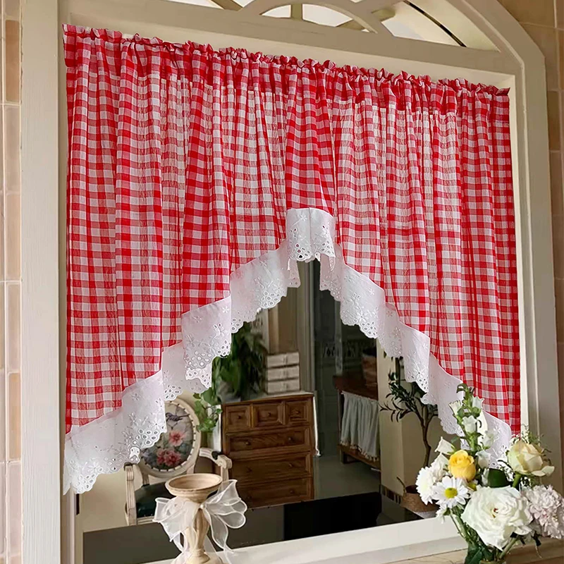 

Modern Stylish Plaid Printed Triangle Short Valance Curtain with White Embroidered Lace For Kitchen Bathroom Cabinets Home Decor