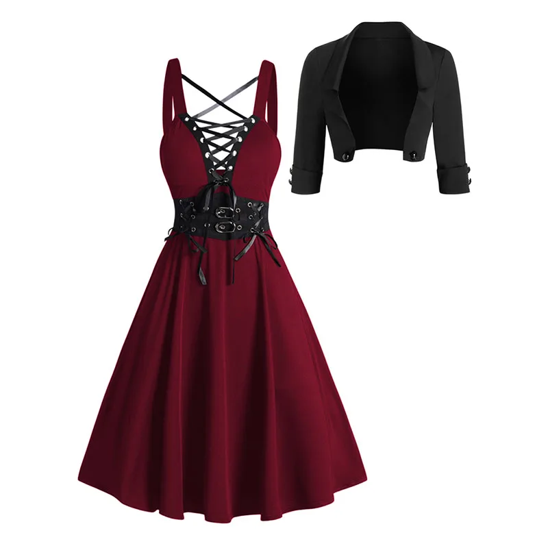 2026 Womens Gothic Dresses Sets Solid Color Open Front Crop Jacket And Lace Up Buckle Strap Crisscross Dress Outfit X2FE