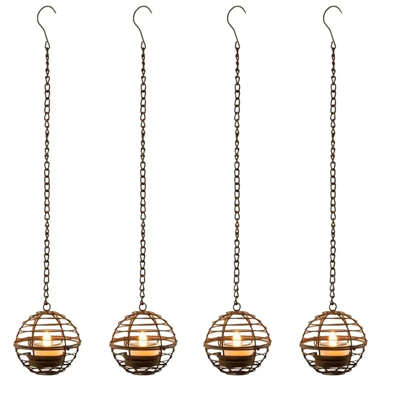 A02F-Outdoor Decor 1 Set Iron Ball Solar Pendant Light With Waterproof And Rust-Proof Design, Includes Candlestick Base