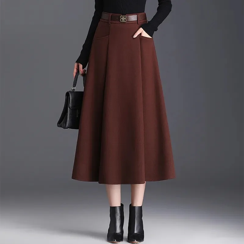 Woolen Skirt Women's Autumn Winter New Style High-waisted Thickened Umbrella Skirt Mid-length Slim A-line Pleated Skirt