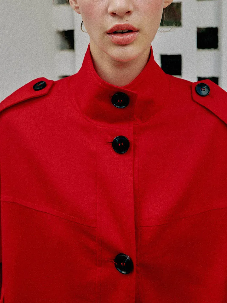 Spring New Arrival Women's Fashion Long Sleeve Red Necktie Coat Casual Style Standard Fit Button Closure Outerwear