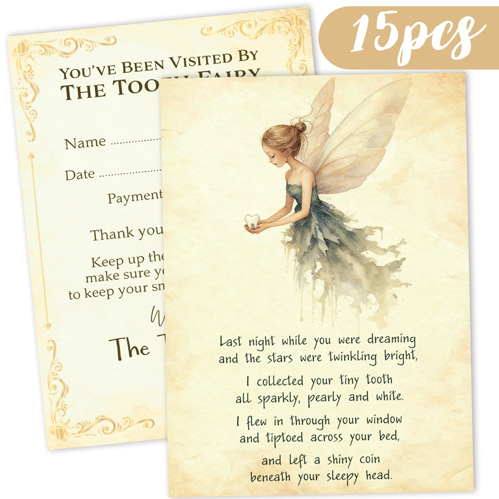 15pcs Tooth Fairy Certificates - Double sided printed watercolor illustrations+poetry, teeth replacement growth commemoration/pa