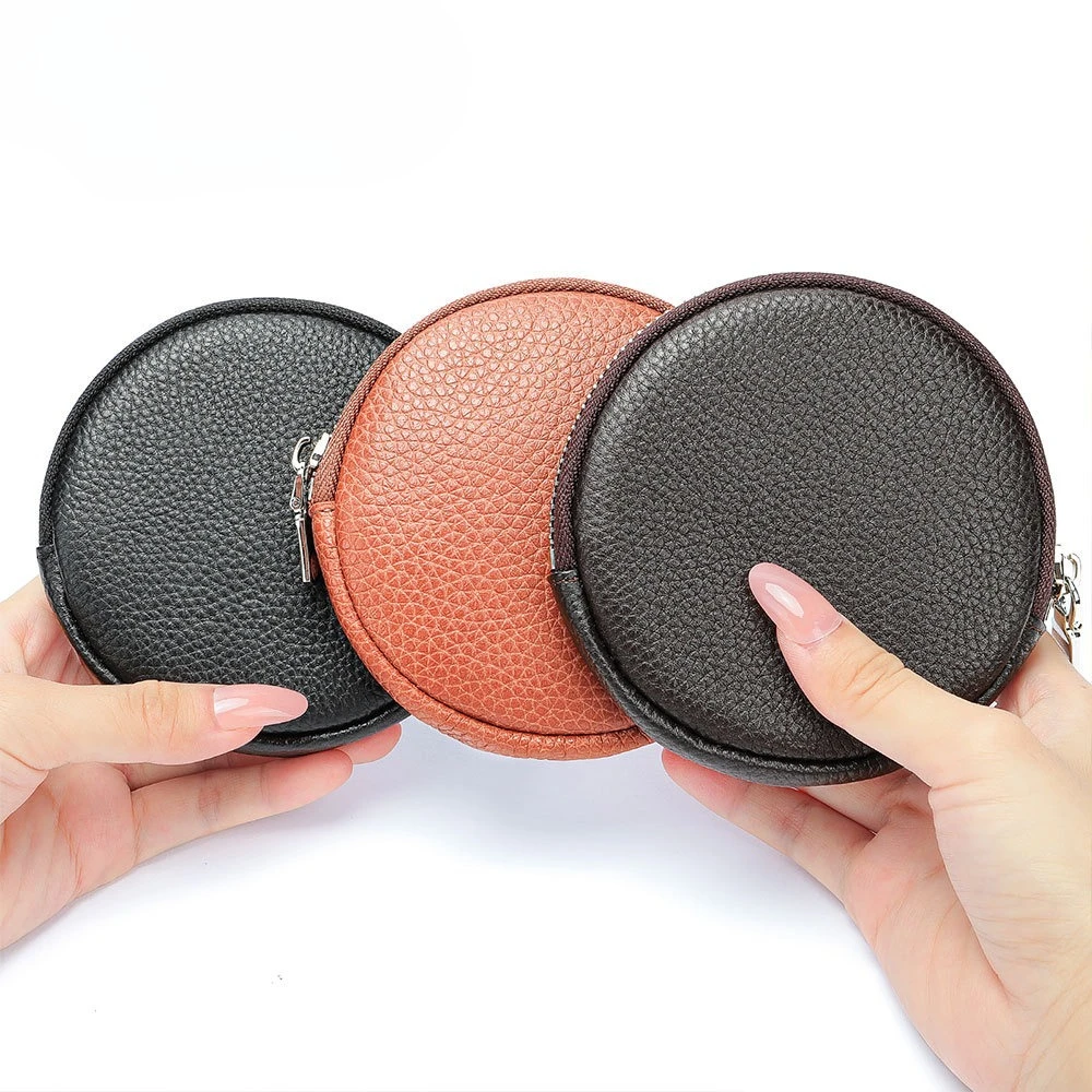 Small Leather Coin Bag - Minimalist Zippered Change Holder, Durable Top Layer Cowhide Mini Wallet for Coins & Keys