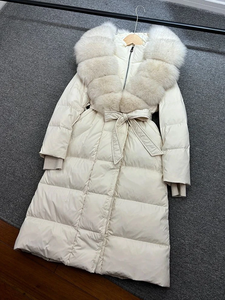 

Luxury Real fur collar down jacket with sashes Women 2026 Winter Warm Long goose down coat with hooded Slim Warm INKEO DJ633
