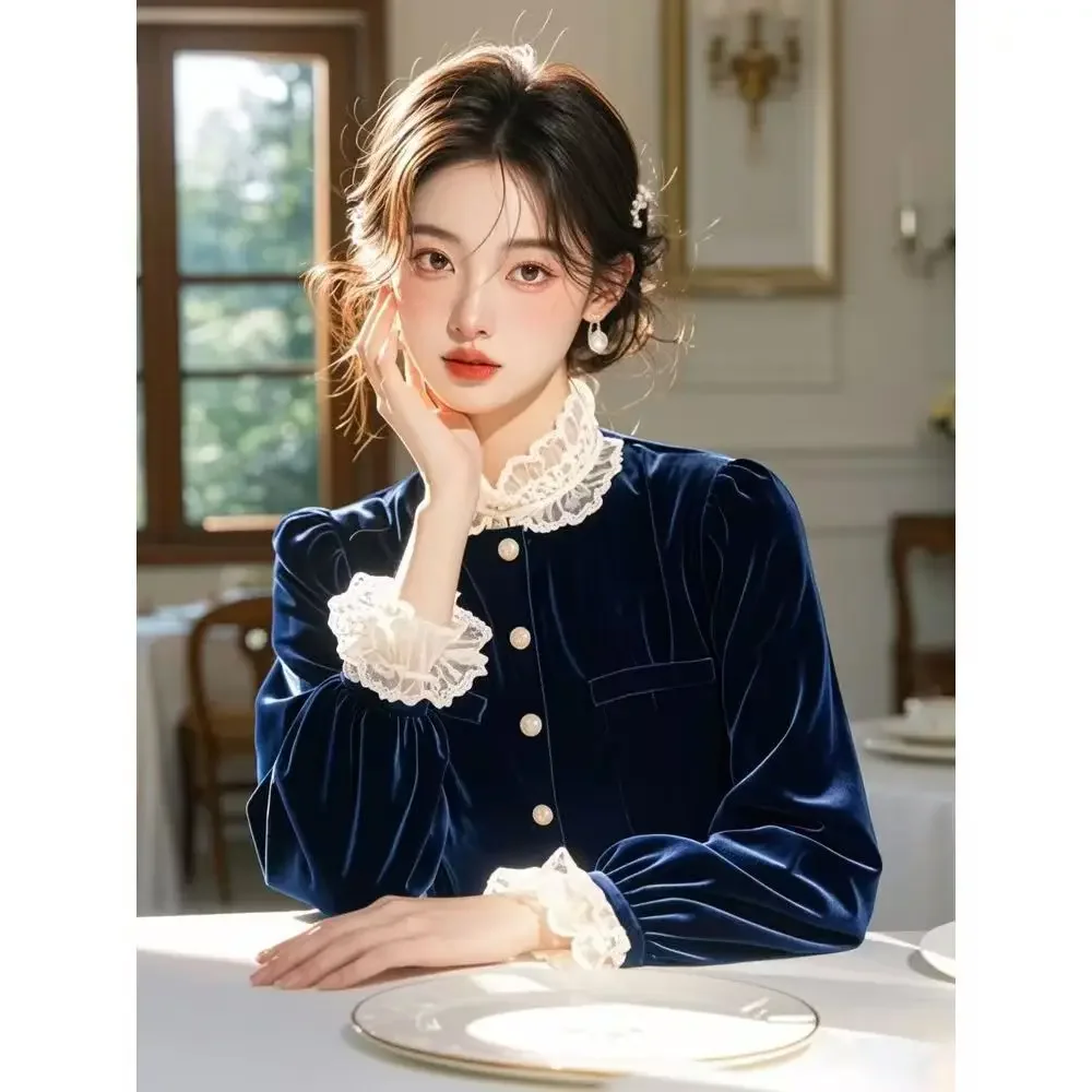 

2025 New Blue Lace Patchwork Temperament Shirt Tops Spring Autumn Long Sleeve Solid Elegant Blouse Fashion Trend Women Clothes