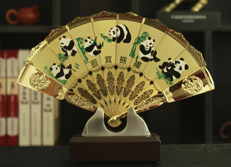 TOP COOL foreign business gift with box CHINA National Treasure Panda ART gilding fan copper statue --Collector Edition-- GOOD
