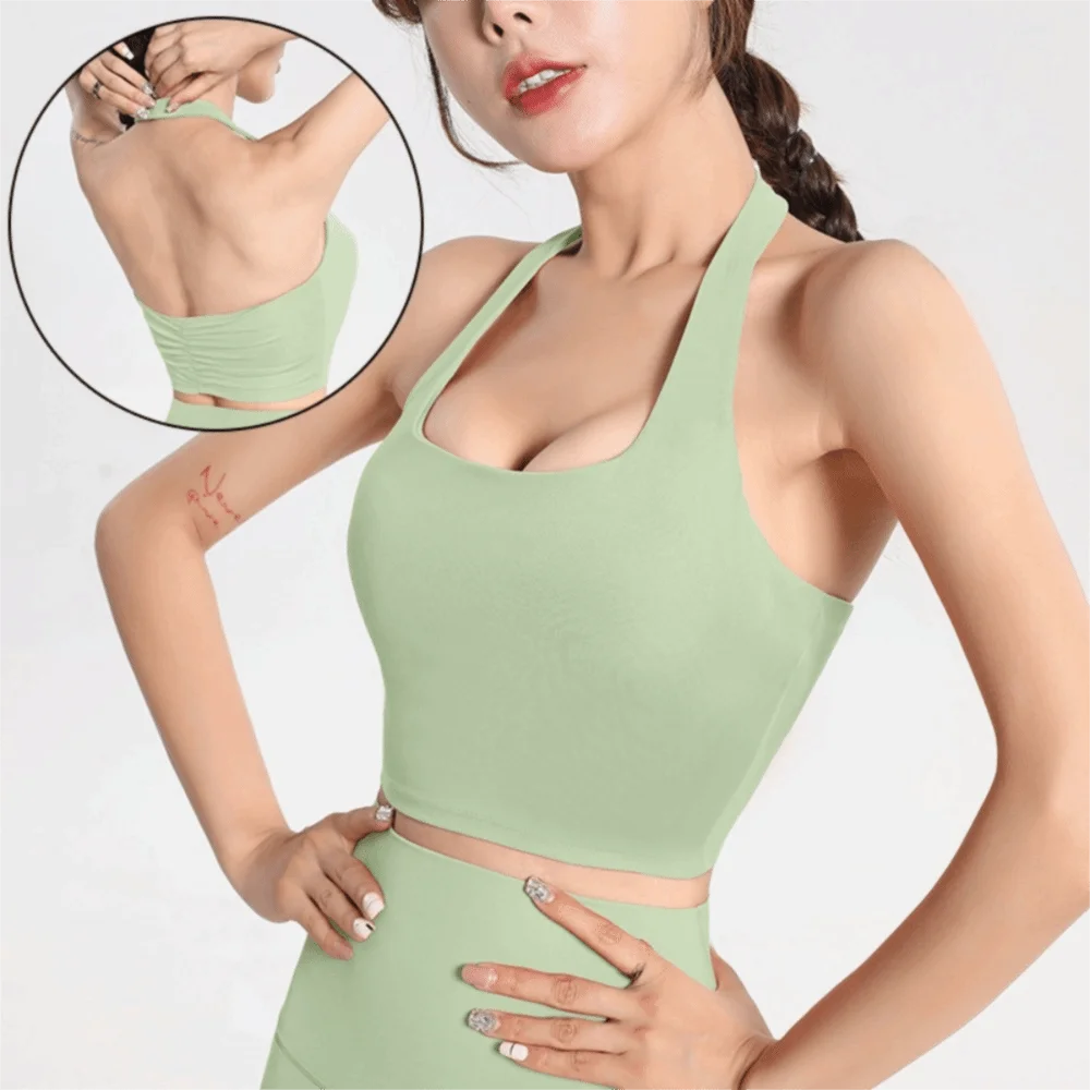 

Elegant Design Hanging Neck Strap Sports Bra Adjustable Strap Breathable Fabric Fashionable Pleated Bra Comfortable