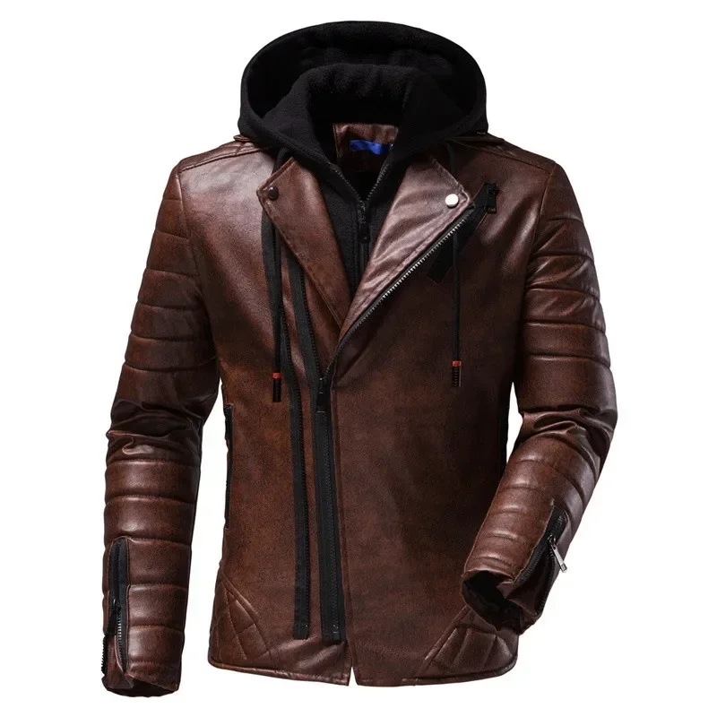 2022 Fashion Red Jacket Men \'s PU Leather Hooded Jacket Personality Motorcycle Jacket Large Size Fashion Men\' S Clothing