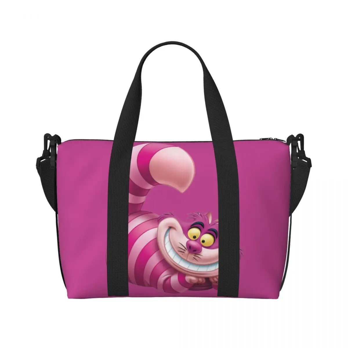 

Custom Cheshire Cat Manga Beach Tote Bag for Women Extra Large Gym Carry On Alice In Wonderland Travel Shopping Bags