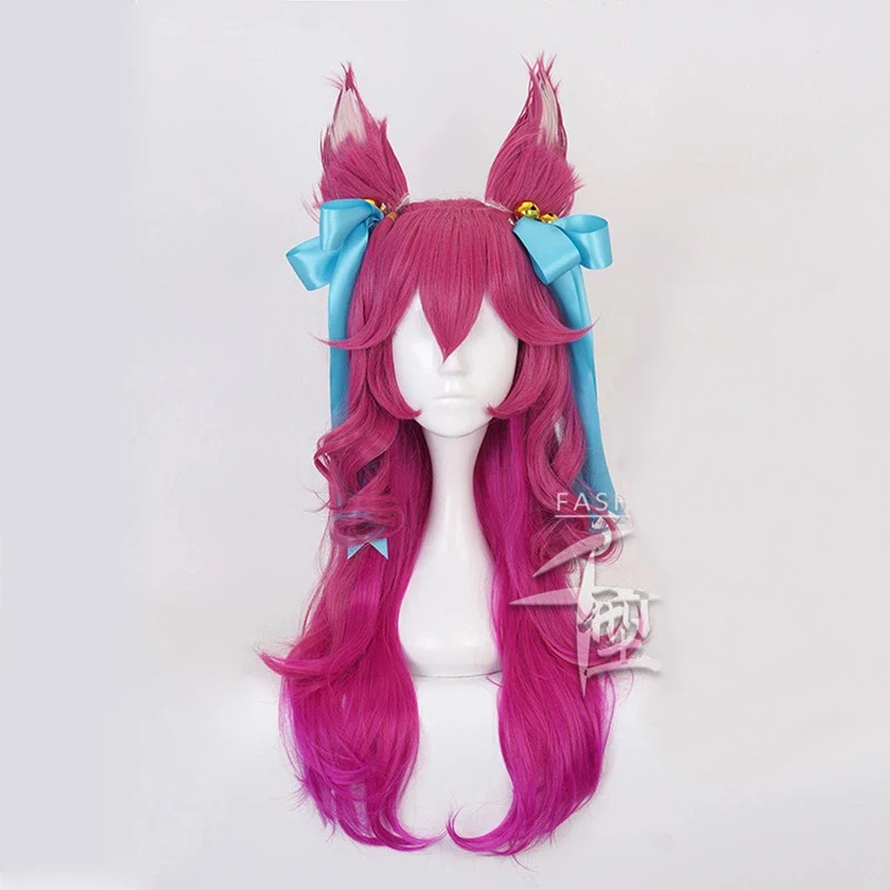 Hochwertige Spirit Blossom Ahri Cosplay-Perücke mit Ohren, lange lockige, gewellte, hitzebeständige Kunsthaar-Anime-Perücken + Perückenkappe