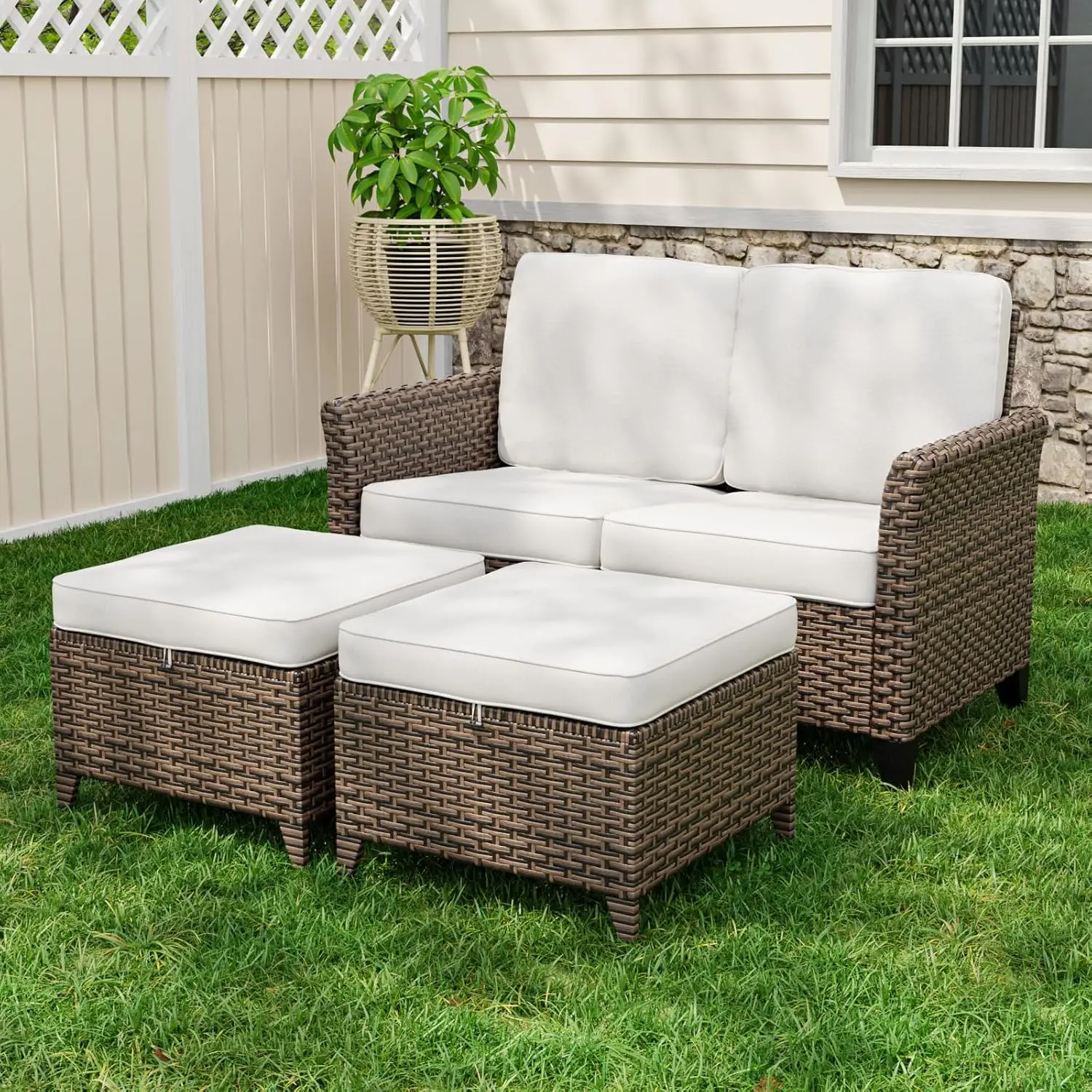 

Wicker Patio Sofa with 2 Ottomans, Small Balcony Furniture, Outdoor Furniture Set, 2 Seat Loveseat, Brown/Beige