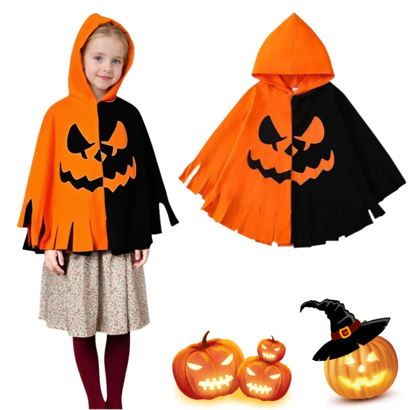 Disfraz de Halloween con estampado de murciélago y calabaza para niños, fiesta de carnaval, combinación de Color naranja y negro, capa con capucha, regalo