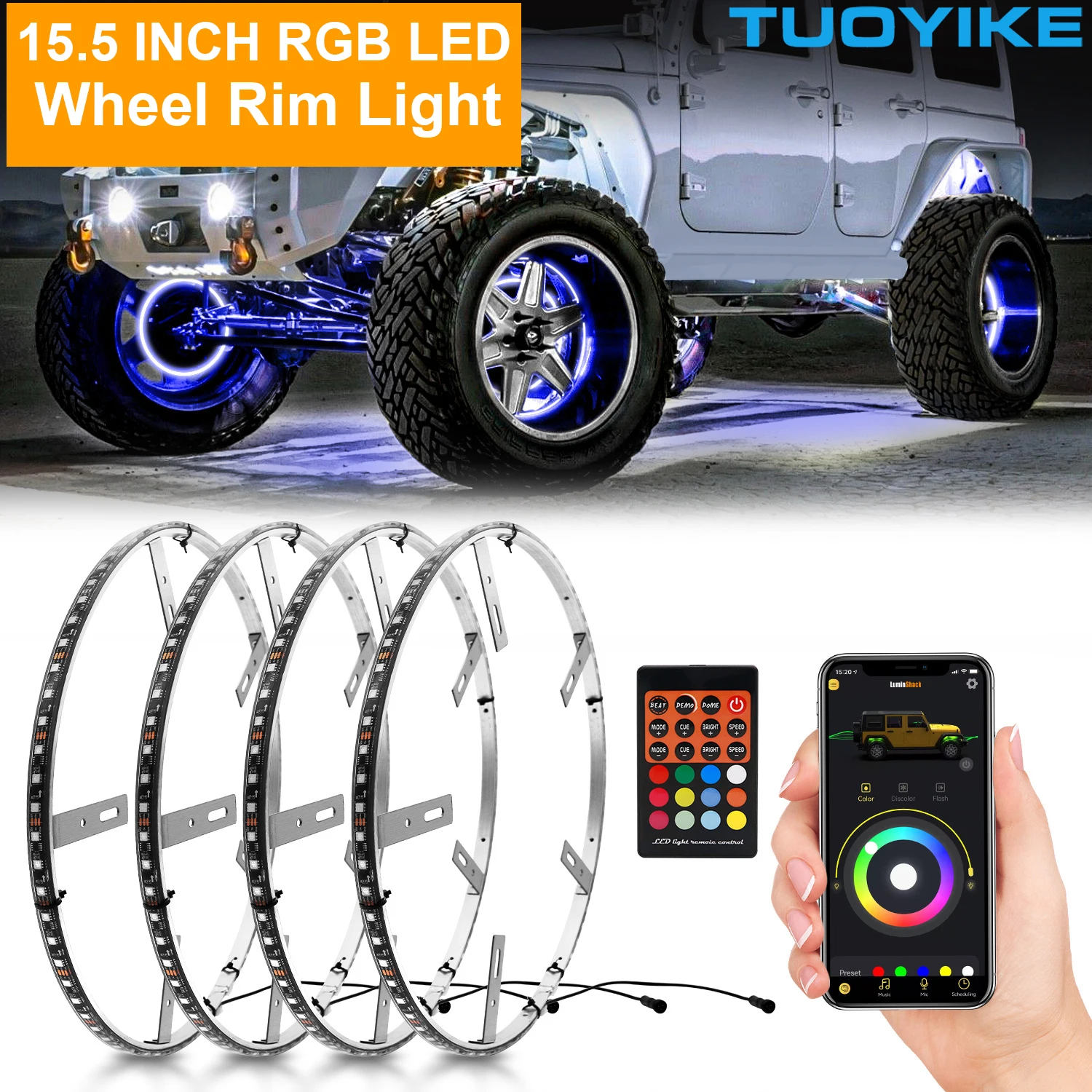 

1 Set 15.5" RGB IP68 LED Wheel Rim Symphony Light Kit Brake Strobe Ring Lamp 240LED 5050SMD Bulb Multi-Color App Remote Control