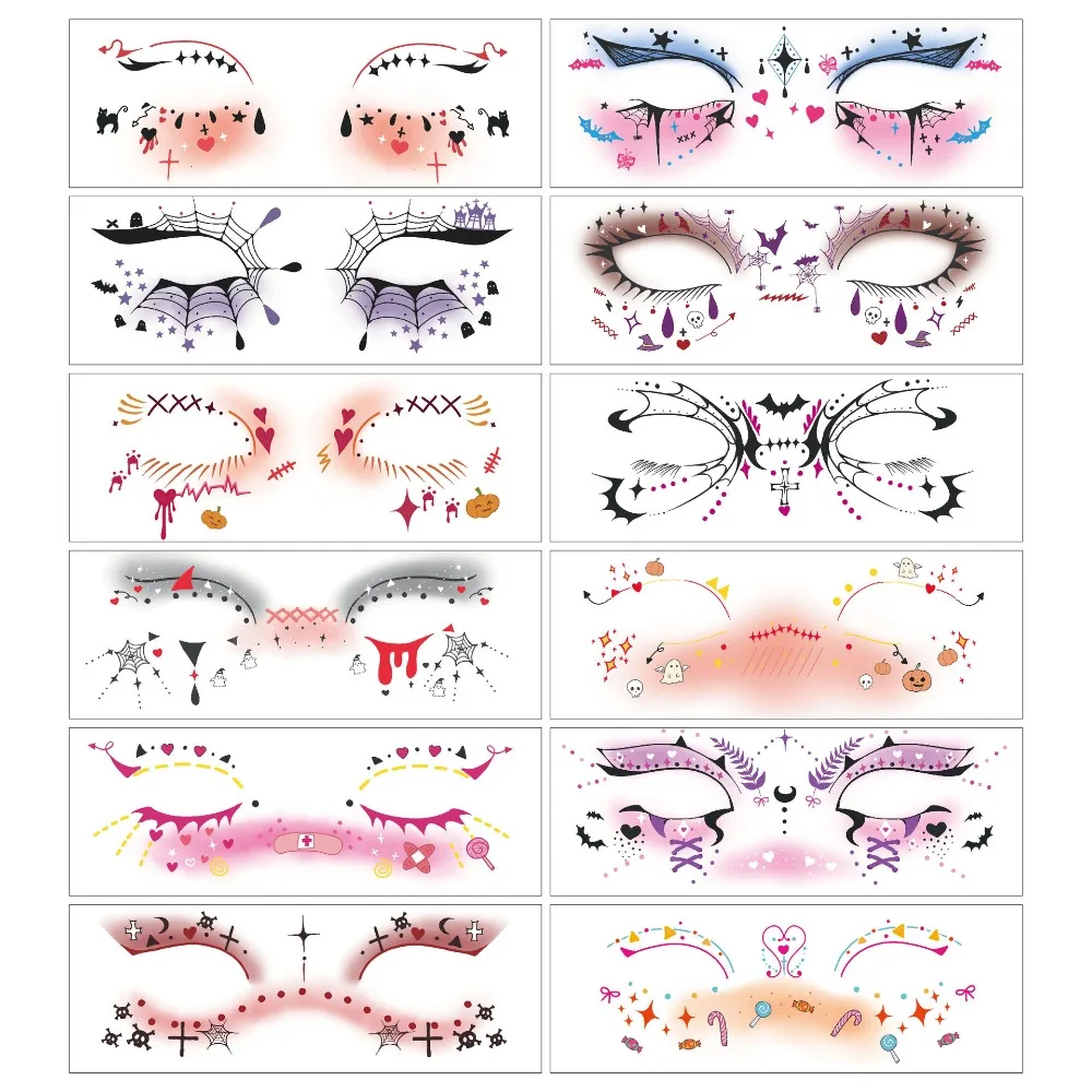 12pcs Disposable Halloween Face Tattoo Waterproof Portable Cheek Temporary Stickers Transparent Terrifying Bat Face Stickers