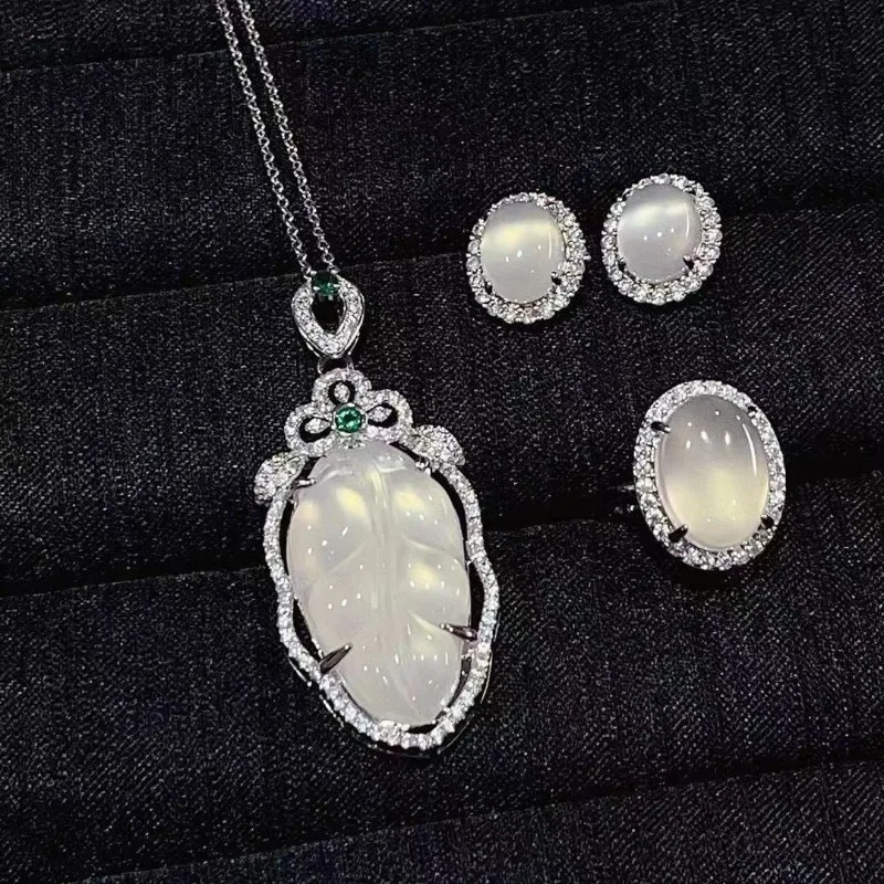 Chalcedony Three-piece Necklace Pendant Ring Earrings Women's Jewelry Set