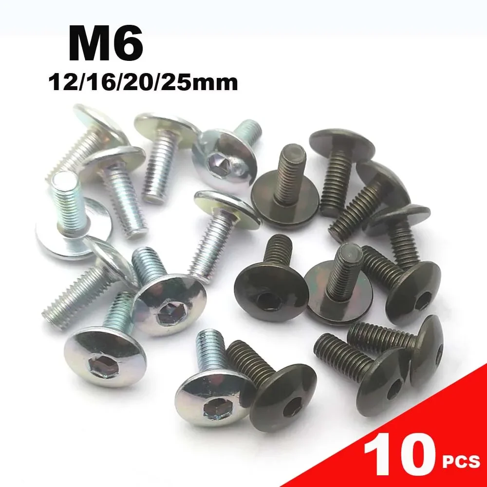 10 pçs grande cabeça redonda plana parafuso sextavado interno m6 6mm 12/16/20/25mm comprimento para motocicleta scooter atv ciclomotor plástico capa