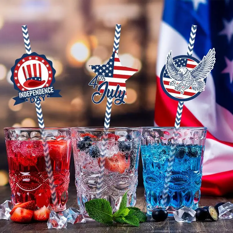 Patriotic Straws 24PCS Red White And Blue Straws For Independence Day Decorations 4th Of July Food Grade Drinking Straws Fourth