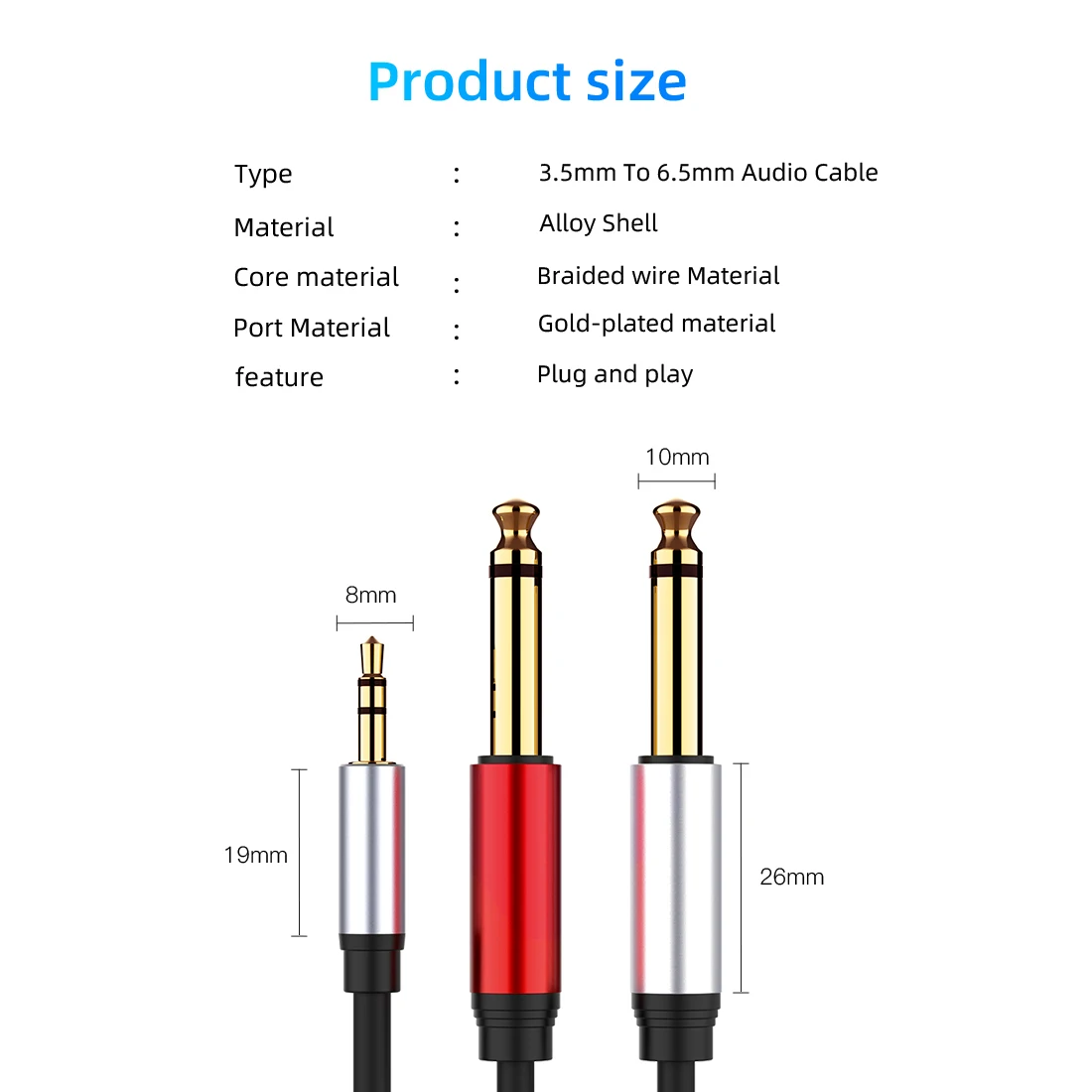 Cable adaptador de Audio de 3,5mm a 6,5mm Dual, conector auxiliar de 3,5 a 6,5, divisor de 3,5 clavijas para mezclador de guitarra, amplificador de bajo