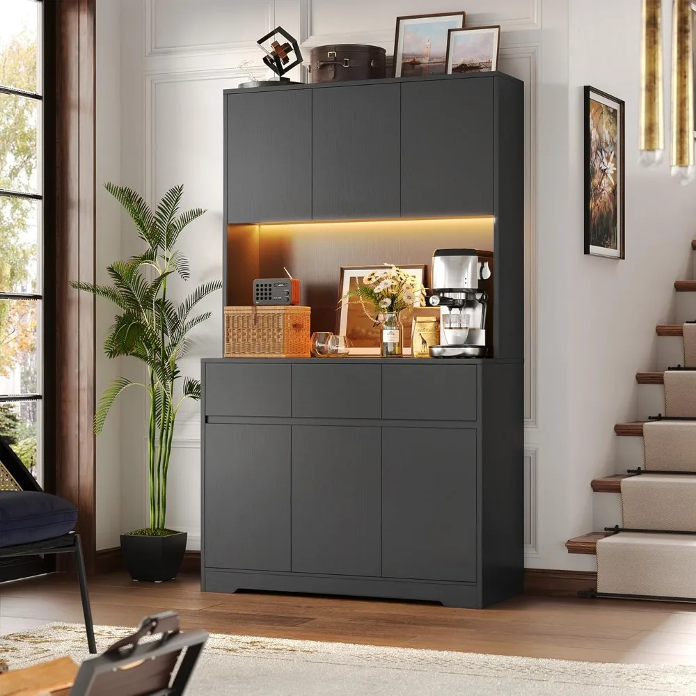 71-calowa wysoka szafka kuchenna do przechowywania w spiżarni z gniazdami zasilania i oświetleniem LED, duża szafka kuchenna z półką i stojakiem