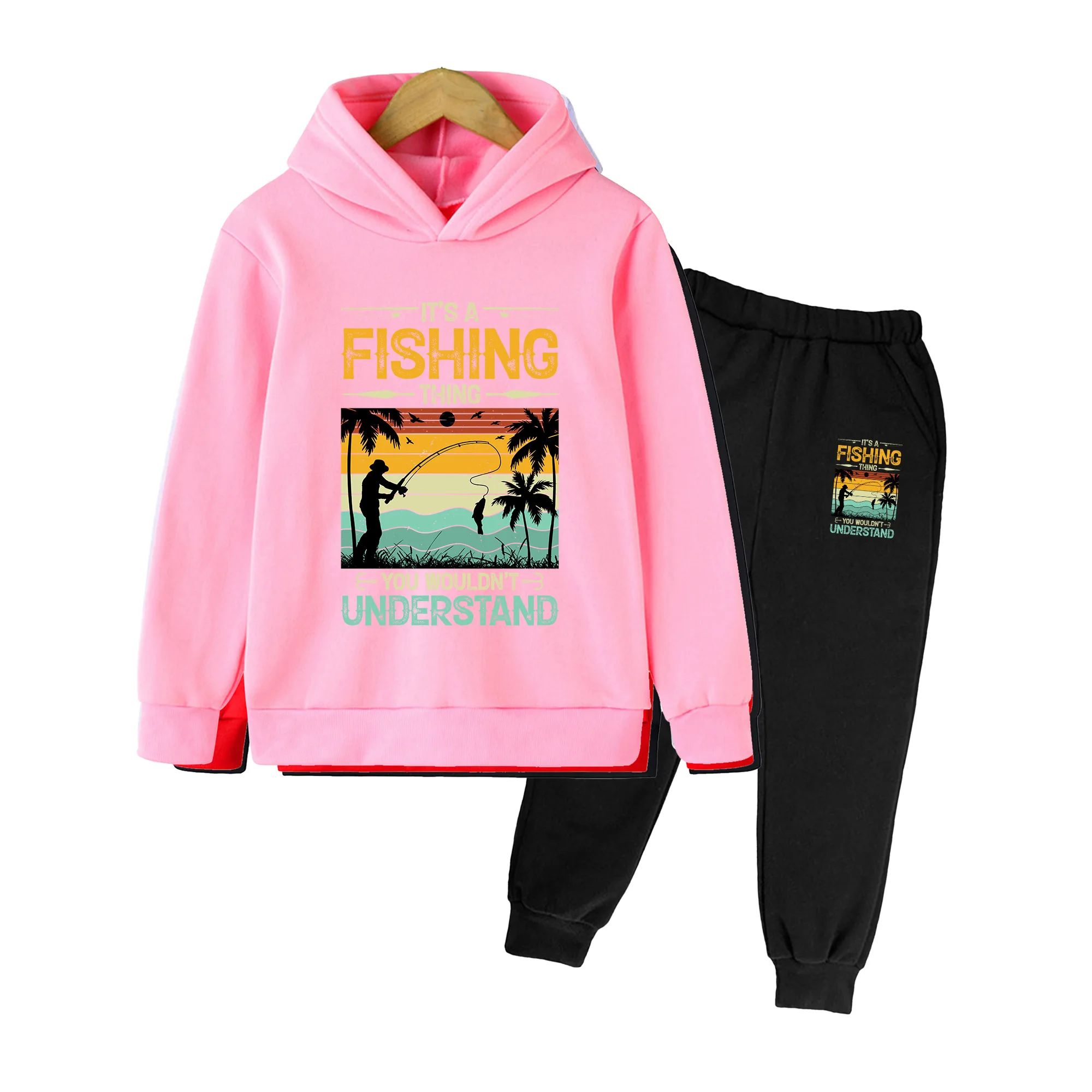 Kids Boys Girls Fishing Print Hoodie and Sweatpants Set Casual Outdoor Beach Fishing Sports Tracksuit Outfit