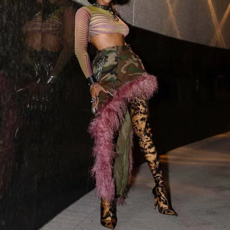 

Sexy Camouflage Irregular Hem Feather Patchwork Skirt Women Y2K Hottie Wild 2026 New Style Pocket Bottom Street Party Clubwear