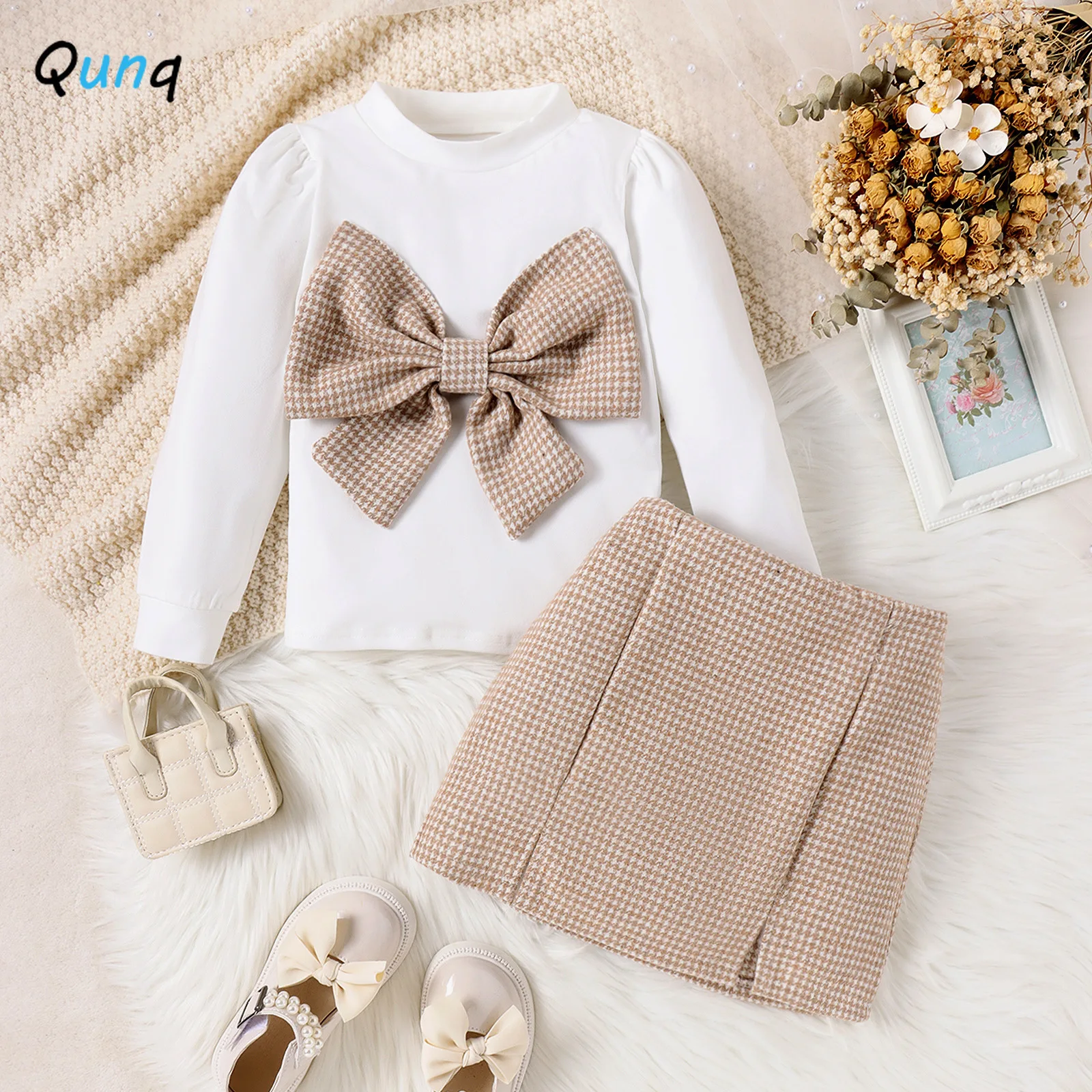 Qunq 2023 Autumn Winter New Girls Lovely O Neck Bow Splice Pullover Top+Plaid Skirt 2 Pieces Set Causual Kids Clothes Age 3T-8T