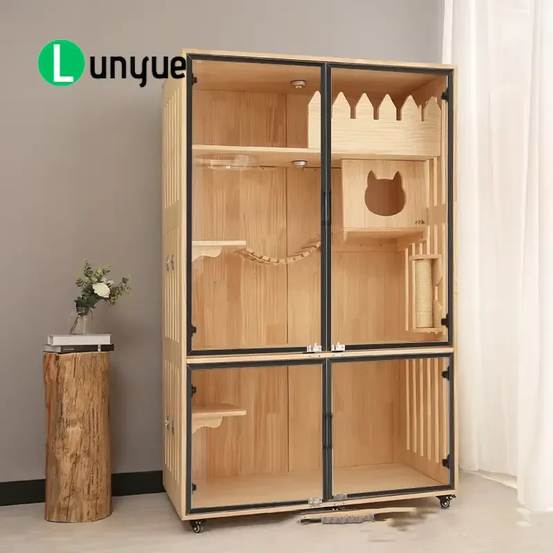 Large Solid Wood Cat House Cabinet Japanese Style Indoor Pet Villa Luxury Furniture Cage for Cats Durable Spacious Home Decor