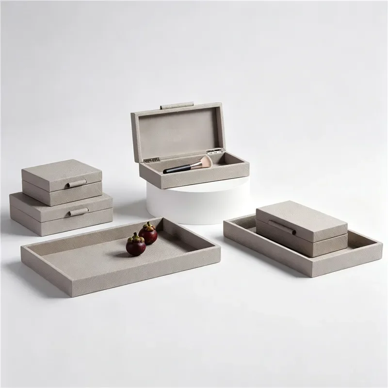 Luxury Leather Jewelry Box Storage Tray Organizer for Bedroom Desktop Decoration High End Texture Model House Ornament Gift