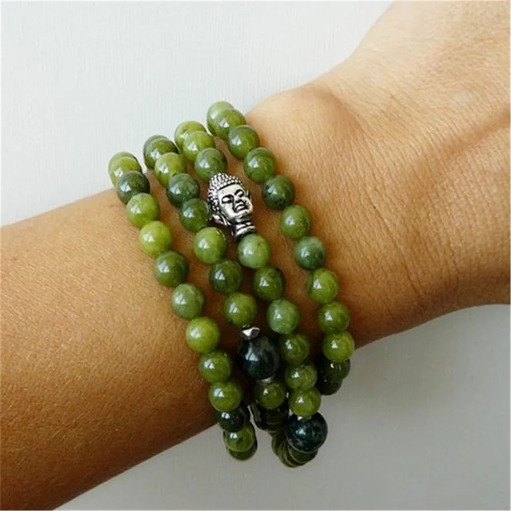 

6mm Grass Green Jade Silver Buddha 108 Bead Mala Bracelet Teens Artisan Bohemian Peace Women Handmade Fragrant Wrap Prayer