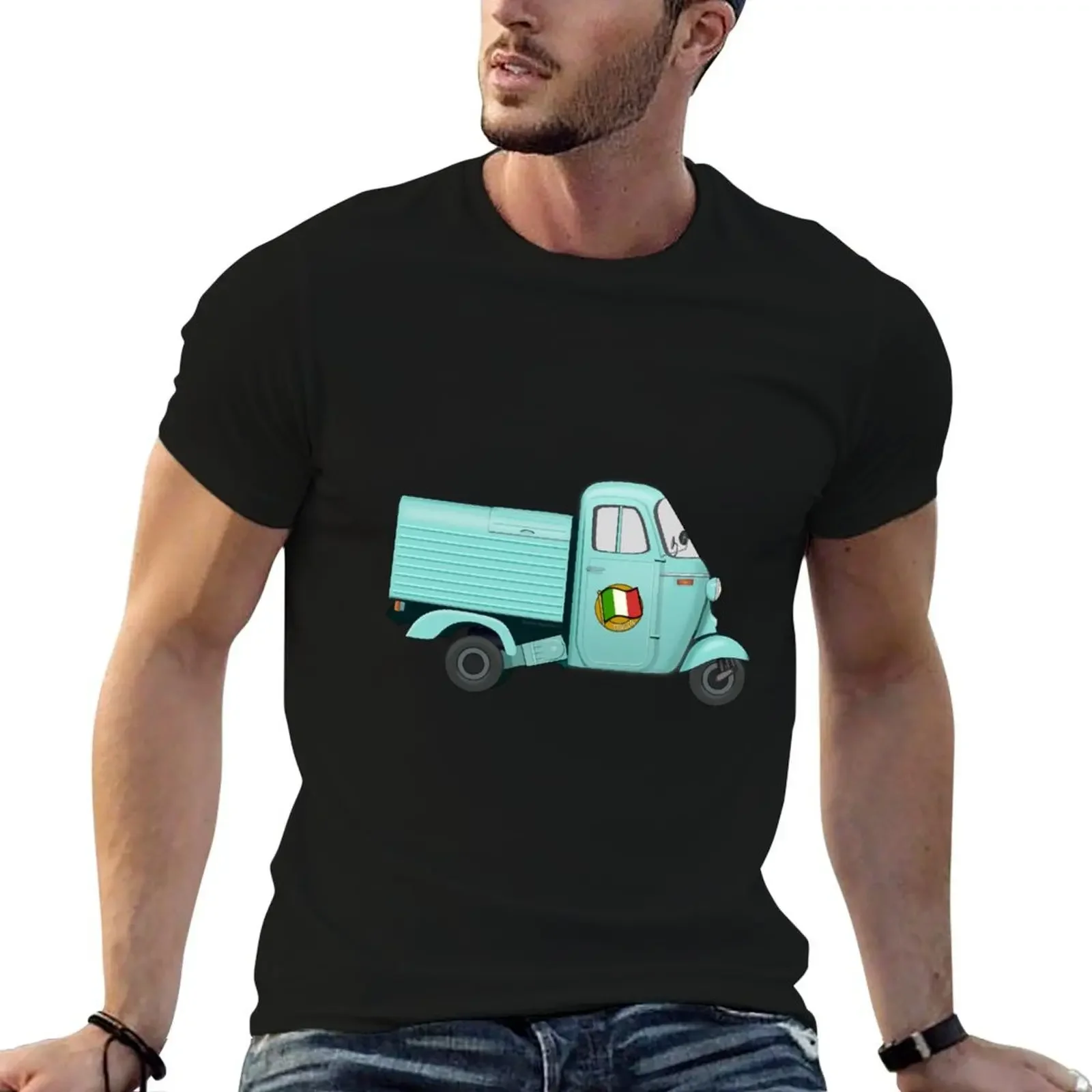 

Vintage Cyan Italian Motorized Rikshaw with Italian Flag Sticker on the Door T-Shirt anime stuff men t shirts