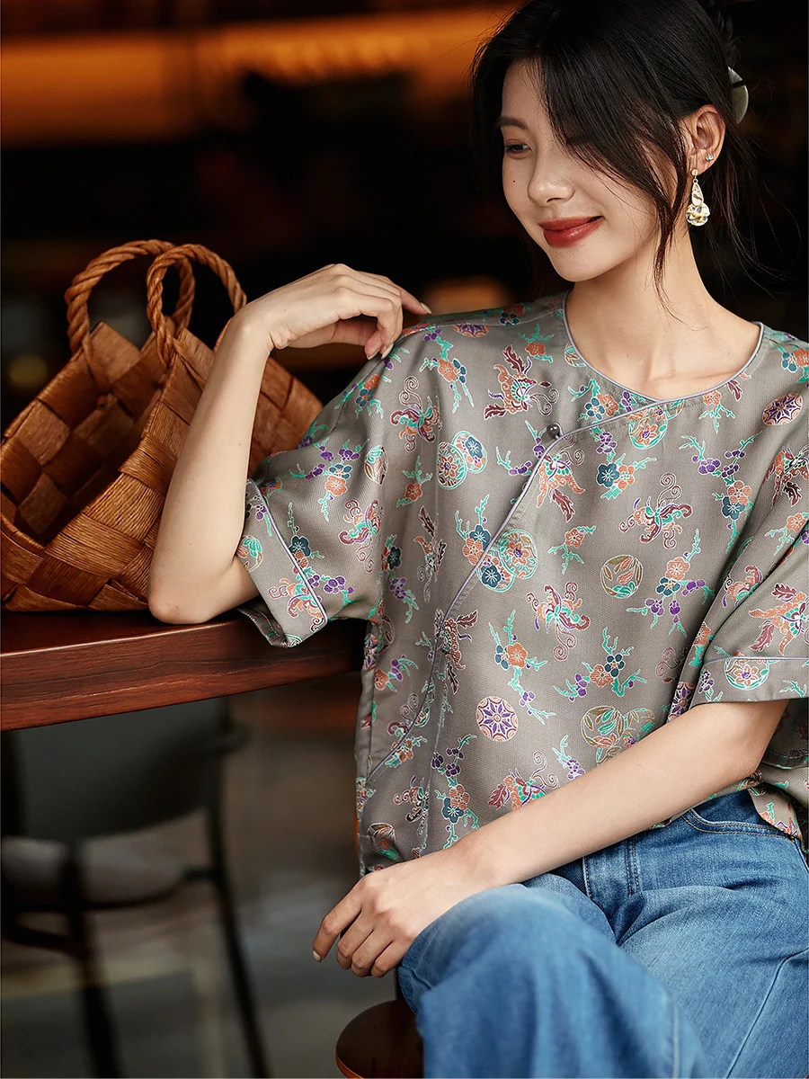 

Ele New Chinese Sle round Ne Silk Blouse Women's Small Top Miscellaneous Treasure Asymmetrical Sve Design