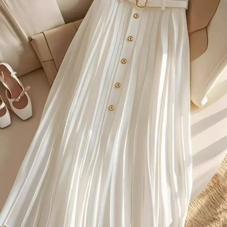 صيف جديد أنيق بلون مطوي تنورة للنساء مزاجه عالية الخصر الأبيض ألف خط تنورة عادية حلوة فستان جميل