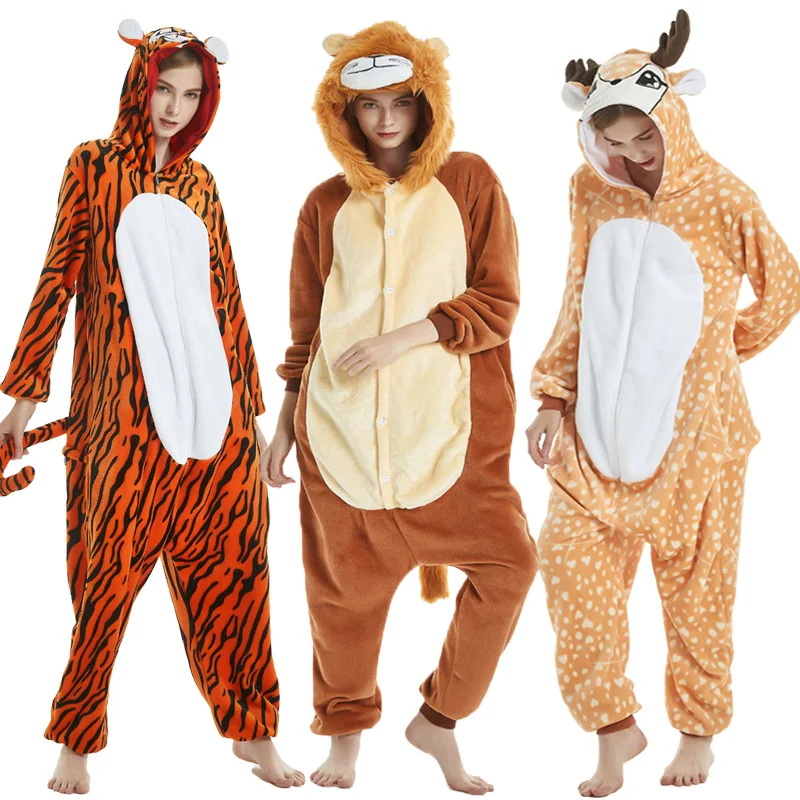 Tiger Lion Deer Animal Pijama Unicorn Onesies Pajamas Women Cosplay Kigurumi Pyjama Dalmatian Panda Dinosaur Onesies Jumpsuits