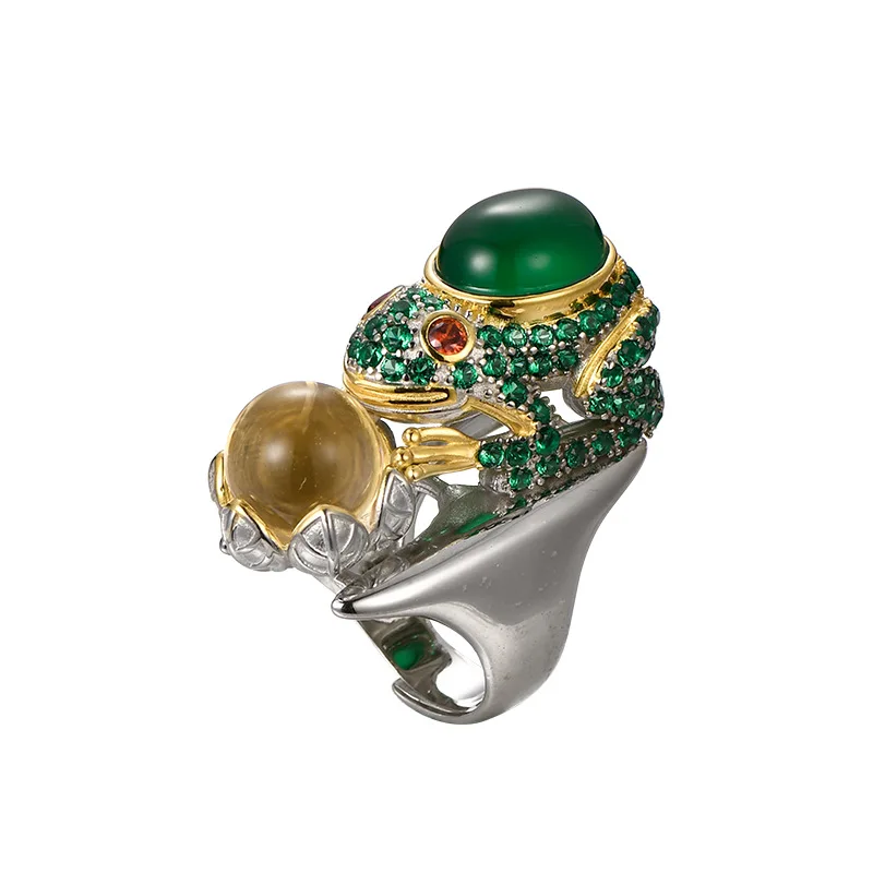 

Uglyless Super Exaggerated Toad Rings Noblewoman Luxury Jewelry Lucky Frog Bijoux Agate Crystals 40MM Big Wide Rings 925 Silver