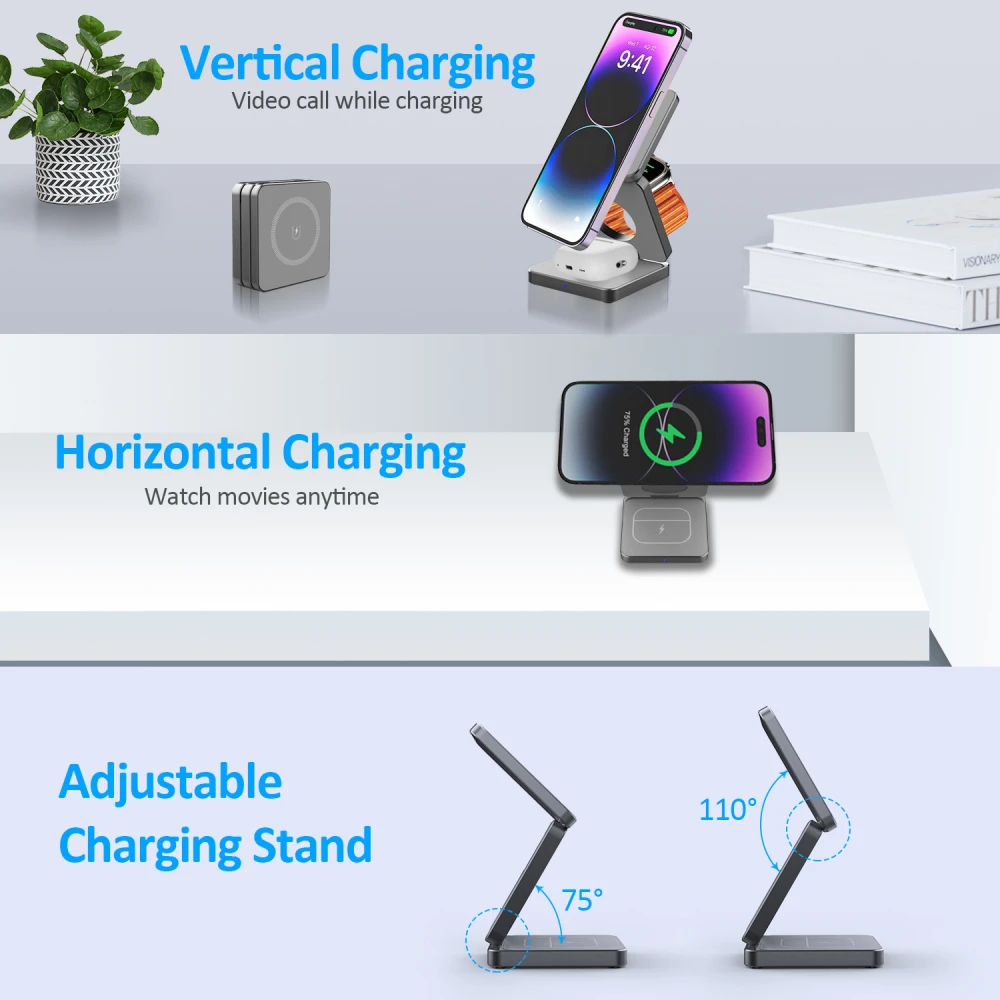 3 In 1 Magnetic Wireless Charger Stand For iPhone 15 14 13 Pro Max IWatch AirPods 3/2 Foldable Fast Charging Holder Dock Station