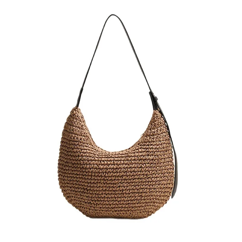 Modische Unregelmäßige Strohtasche Schulterhandtasche Einfarbig Neue Strand-Urlaubstasche für Damen Geflochtene Schultertasche Accessoire – Detail 14