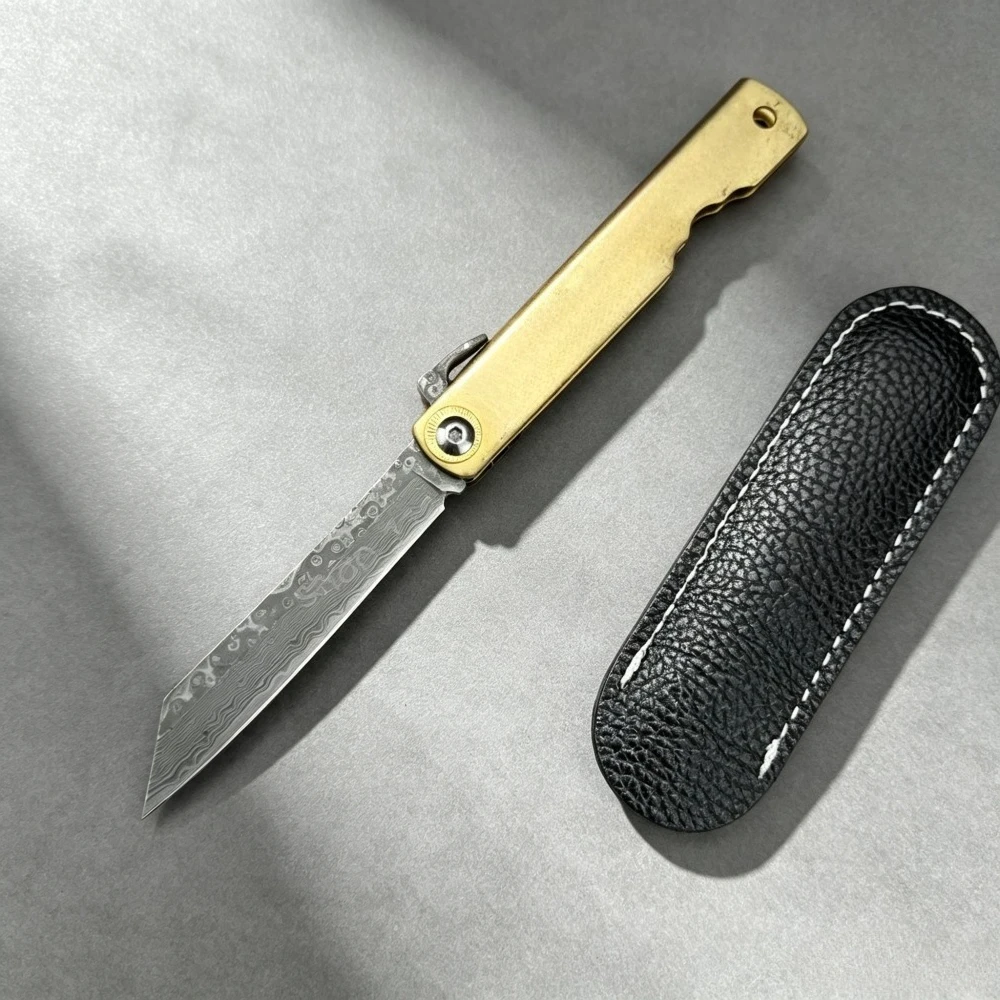 Higonokami Damascus Outdoor Portable Fishing Folding Knife EDC Hiking Tool Lightweight Camping Picnic Knives with Leather Sheath