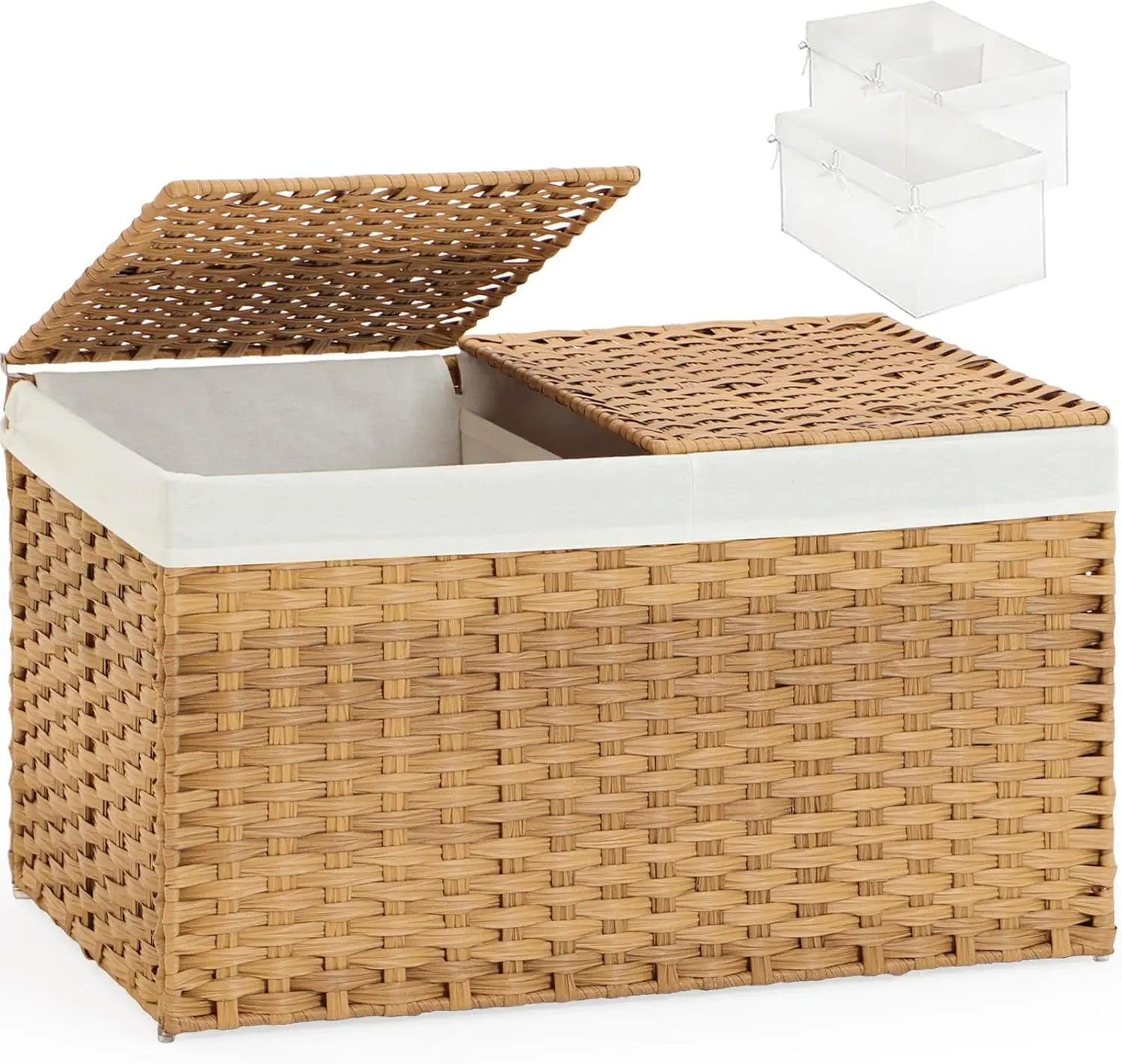 

Storage Basket with Lid Rattan Woven Storage Baskets with 2 Separate Lids, 17.2 Gallon (65 L), 22 x 13 x 13.8 Inches,Foldable