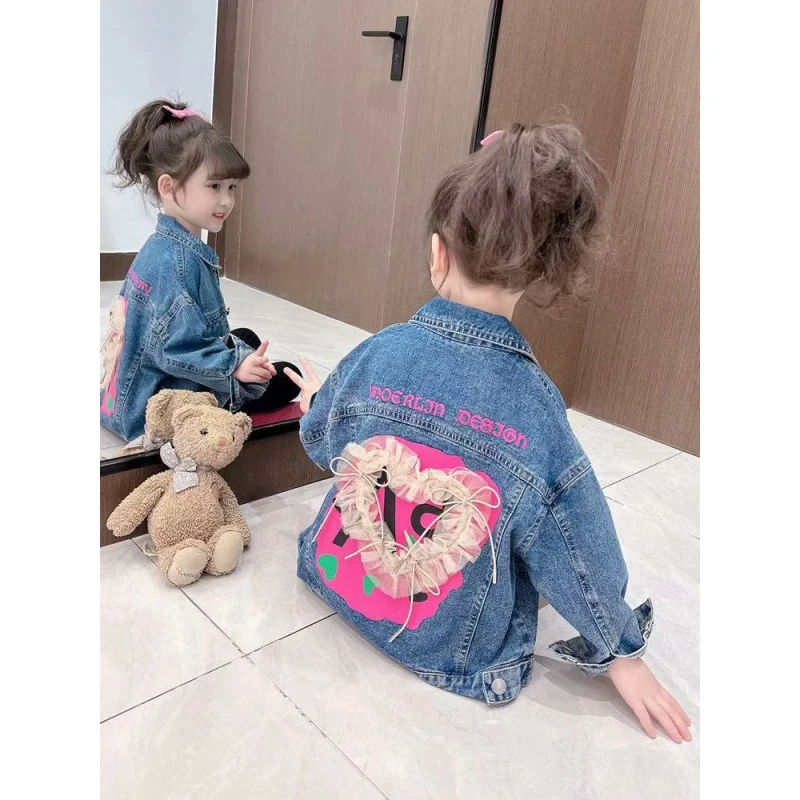 Kids Denim Jackets Baby Girl Fashion Lace Coats Jackets Jeans 2 3 4 5 6 Year Children Outerwear Jean 2023 Spring Autumn